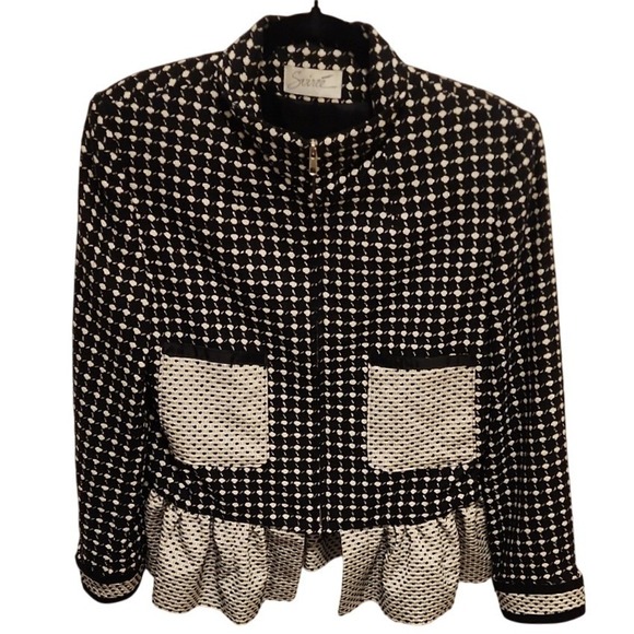 Soiree Black White Houndstooth Peplum Zip Up Jacket Women's Size Medium - Picture 4 of 8